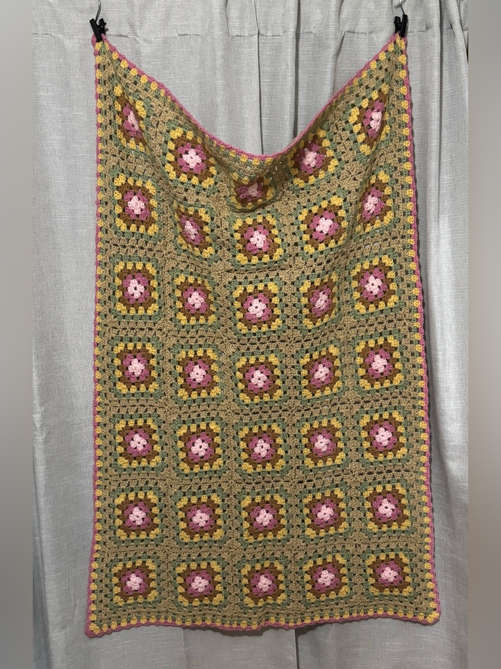 Handmade Blanket-Crocheted Granny Square-Pink/Brown/Green/Yellow-Gently Used - Picture 4 of 17